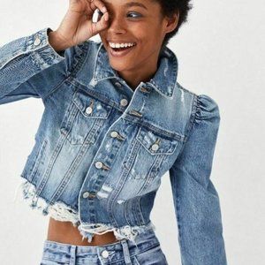 Zara Jean Jacket Puff Shoulders Ripped 